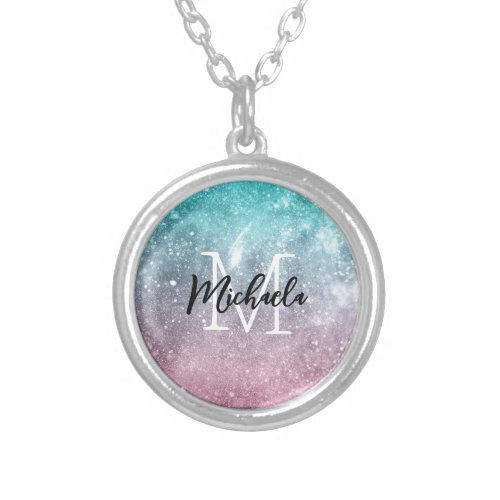 Aqua blue Pink ombre sea galaxy abstract Monogram Silver Plated Necklace