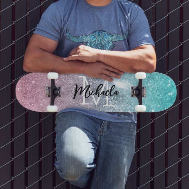 Aqua blue Pink ombre sea galaxy abstract Monogram Skateboard (Outdoor 3)