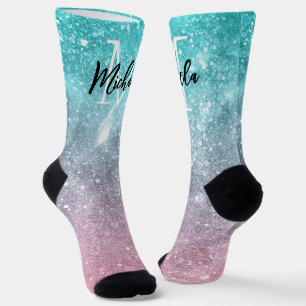 Aqua blue Pink ombre sea galaxy abstract Monogram Socks