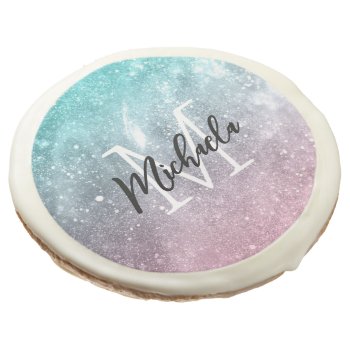Aqua Blue Pink Ombre Sea Galaxy Abstract Monogram Sugar Cookie by PLdesign at Zazzle