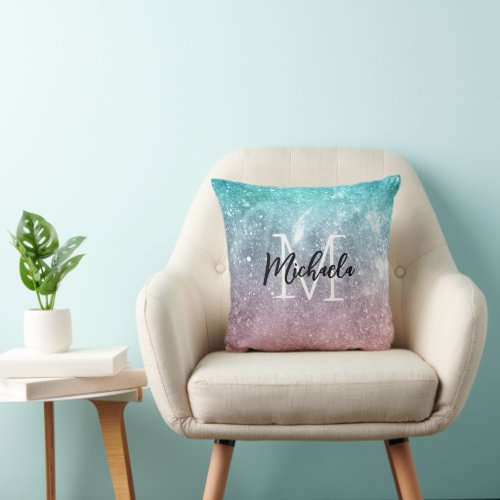 Aqua blue Pink ombre sea galaxy abstract Monogram Throw Pillow