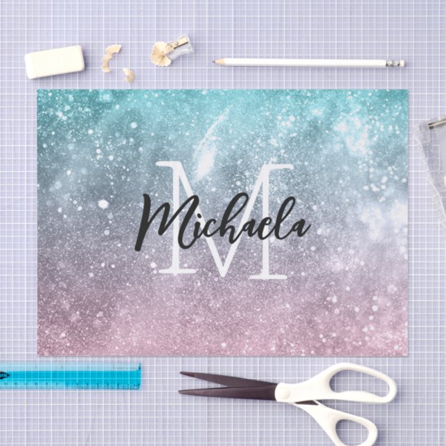 Aqua blue Pink ombre sea galaxy abstract Monogram Tissue Paper (Craft)