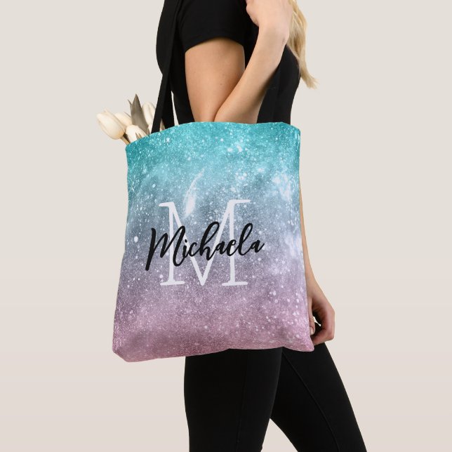 Aqua blue Pink ombre sea galaxy abstract Monogram Tote Bag (Close Up)