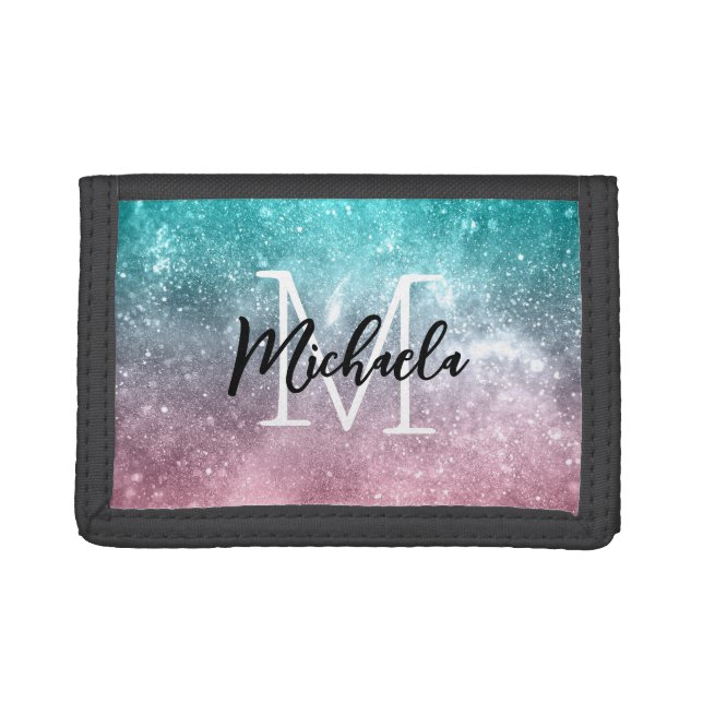Aqua blue Pink ombre sea galaxy abstract Monogram Trifold Wallet (Front)