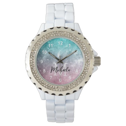 Aqua blue Pink ombre sea galaxy abstract Monogram Watch