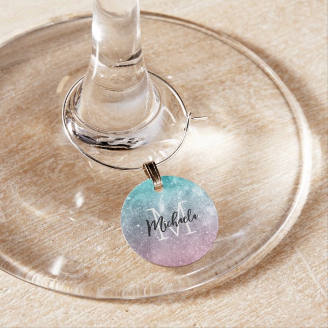 Aqua blue Pink ombre sea galaxy abstract Monogram Wine Charm (In Situ)