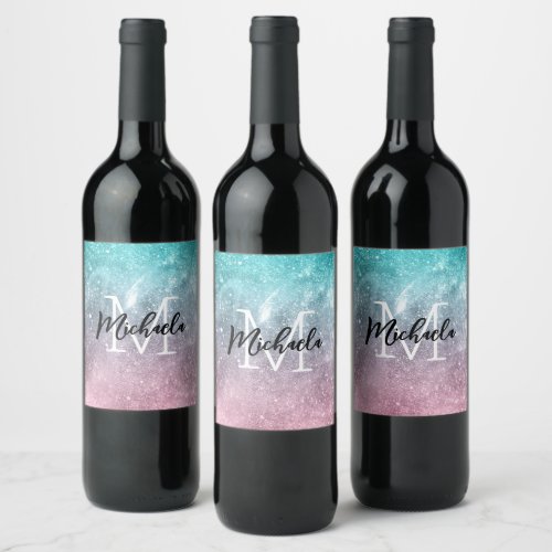 Aqua blue Pink ombre sea galaxy abstract Monogram Wine Label