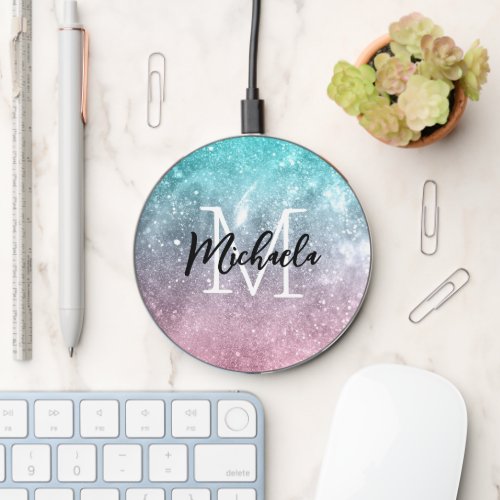 Aqua blue Pink ombre sea galaxy abstract Monogram Wireless Charger