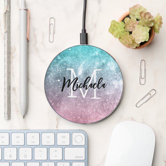 Aqua blue Pink ombre sea galaxy abstract Monogram Wireless Charger (Desk)