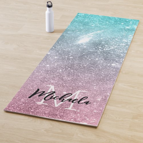 Aqua blue Pink ombre sea galaxy abstract Monogram Yoga Mat