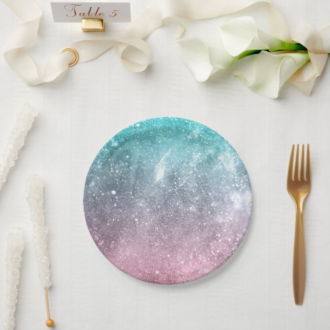 Aqua blue Pink ombre sea galaxy abstract Paper Plates (Wedding)