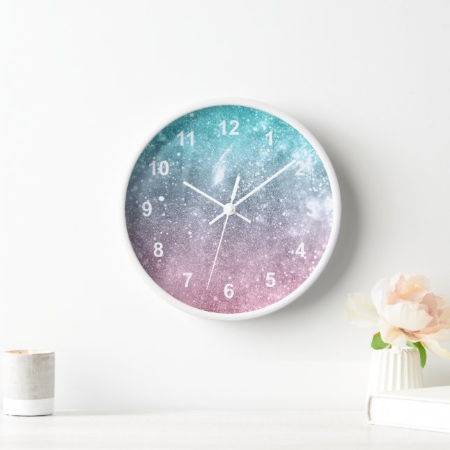 Aqua blue Pink ombre sea galaxy abstract w numbers Clock (Home)