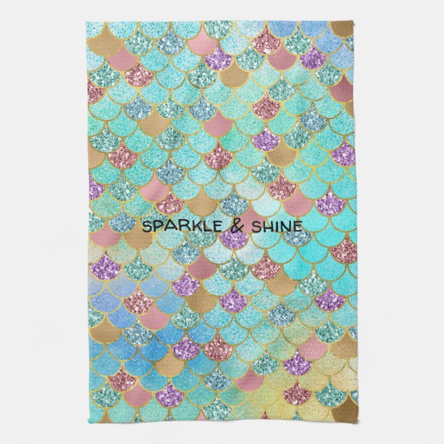 Aqua Blue Pink Purple Gold Glitter Mermaid Kitchen Towel (Vertical)