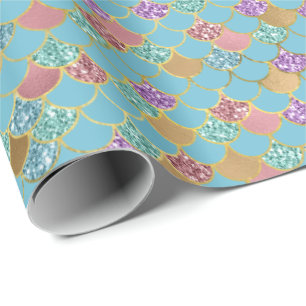 Aqua Blue Pink Purple Gold Glitter Mermaid Wrapping Paper