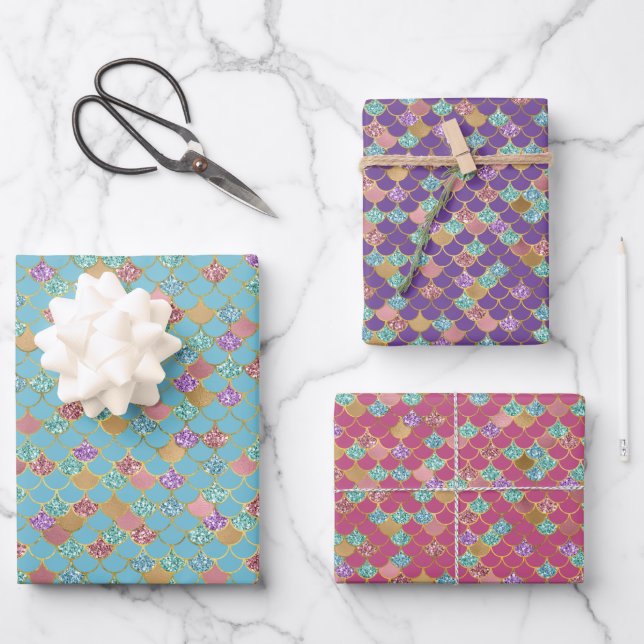 Aqua Blue Pink Purple Gold Glitter Mermaid Wrapping Paper Sheets (Front)