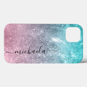 Aqua blue Pink sea galaxy abstract Monogram iPhone 13 Case