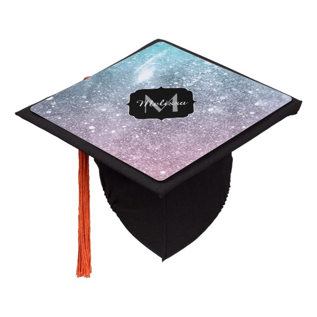 Aqua blue Pink sea galaxy abstract Monogram Graduation Cap Topper (Angled)