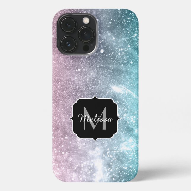 Aqua blue Pink sea galaxy abstract Monogram iPhone Case (Back)