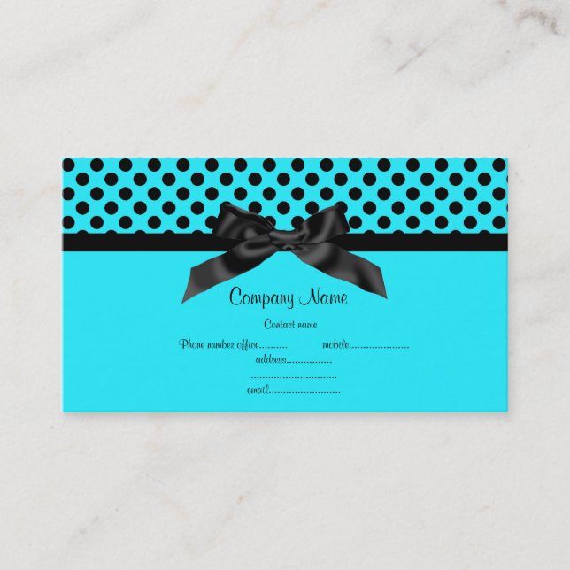 AQUA BLUE POLKA DOT BOW BUSINESS CARD 2 (Front)
