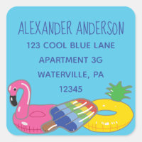 Aqua Blue Pool Floats Square Return Address Labels
