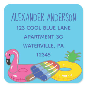 Aqua Blue Pool Floats Square Return Address Labels