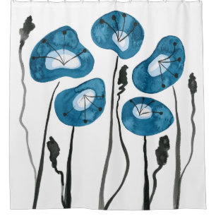 Aqua Blue Poppies Boho Modern Bathroom Decor Shower Curtain