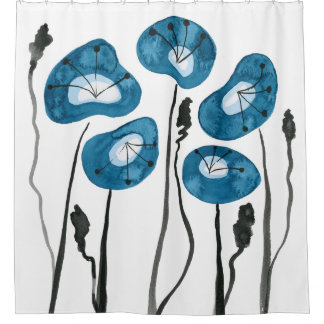 Aqua Blue Poppies Boho Modern Bathroom Decor Shower Curtain