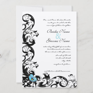 Aqua Blue Poppy Floral Swirl Wedding Invitation