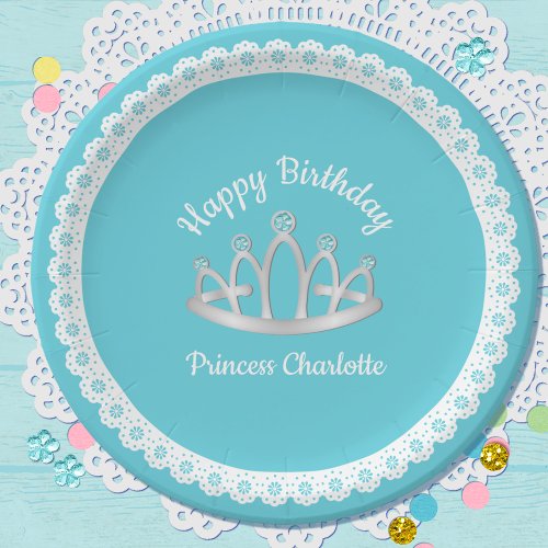 Aqua Blue Princess Tiara Birthday Paper Plate