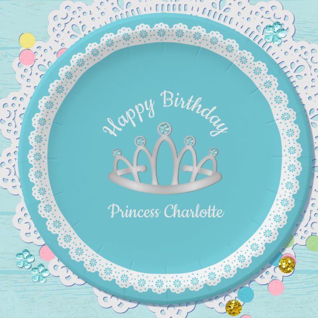 Aqua Blue Princess Tiara Birthday Paper Plate (Creator Uploaded)