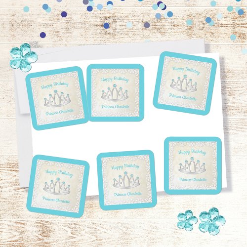 Aqua Blue Princess Tiara Birthday Party Stickers