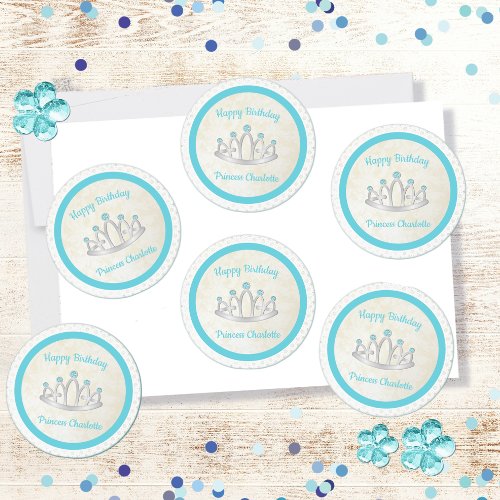 Aqua Blue Princess Tiara Birthday Party Stickers