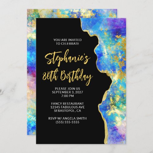 Aqua Blue Purple Fire Opal Gold Glam 80th Birthday Invitation