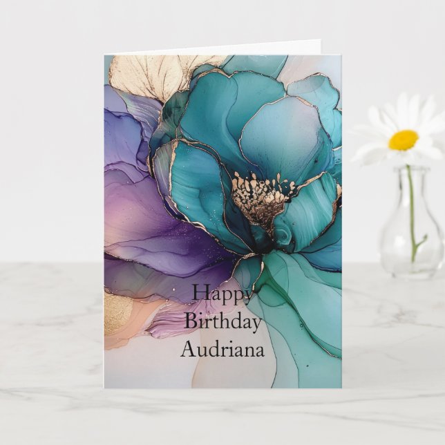 Aqua Blue Purple Gold Floral Birthday Card (Small Plant)
