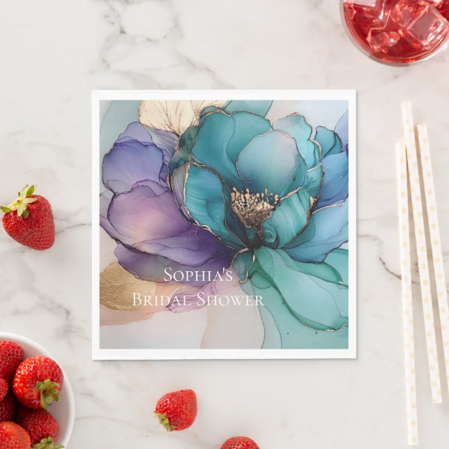 Aqua Blue Purple Gold Floral Bridal Shower Napkins (Insitu)