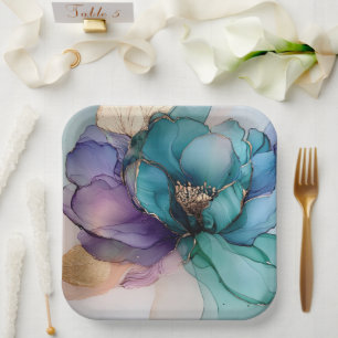 Aqua Blue Purple Gold Floral Bridal Shower Paper Plates