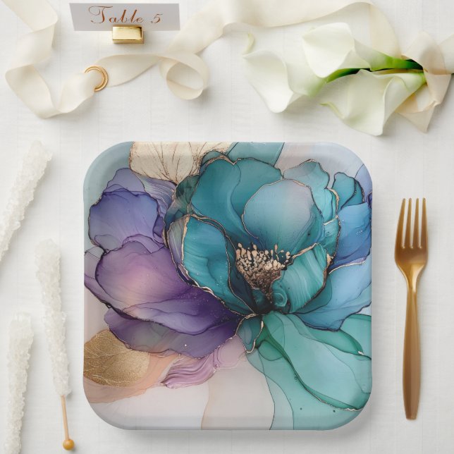 Aqua Blue Purple Gold Floral Bridal Shower Paper Plates (Wedding)