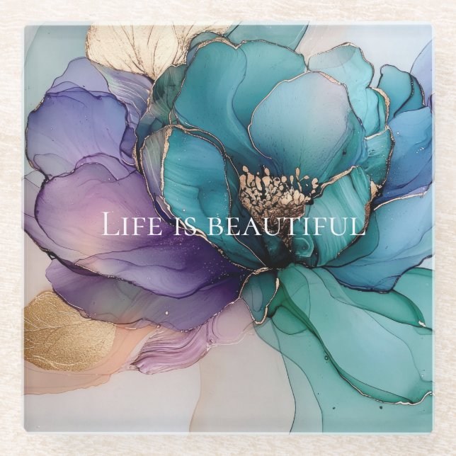Aqua Blue Purple Gold Floral  Glass Coaster (Front)