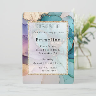 Aqua Blue Purple Gold Floral Glitter Birthday Invitation