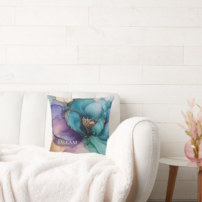 Aqua Blue Purple Gold Floral Throw Pillow (Couch)