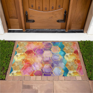 Aqua Blue Purple Green Pink Gold Honeycomb Doormat