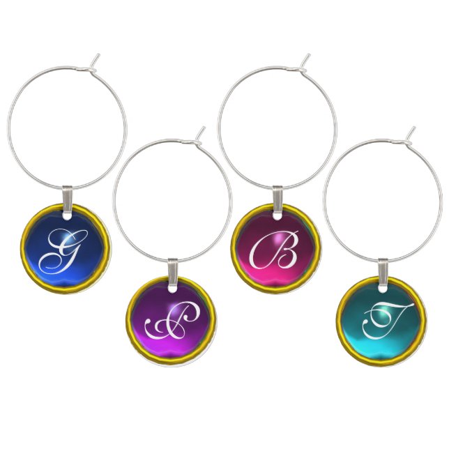 AQUA BLUE, PURPLE,PINK FUCHSIA GEMSTONES MONOGRAM WINE GLASS CHARM (Staggered)