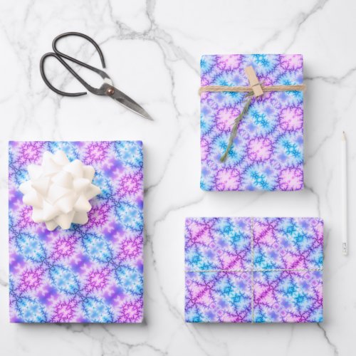 Aqua blue purple snowflakes geometric pattern wrapping paper sheets