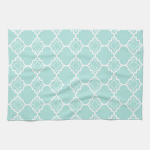 Aqua Blue Quatrefoil Geometric Pattern Kitchen Towel