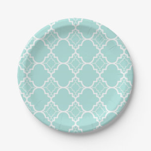 Aqua Blue Quatrefoil Geometric Pattern Paper Plates