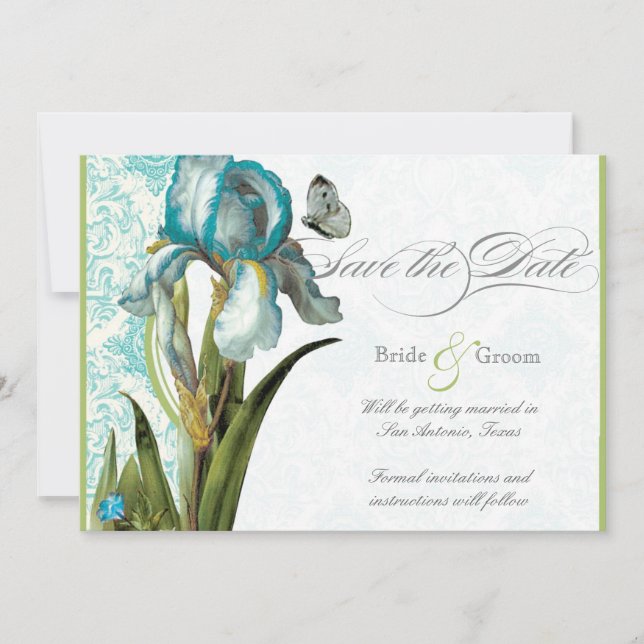 Aqua Blue Quatrefoil Save the Date Announcement (Front)
