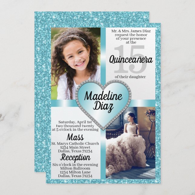 Aqua Blue Quinceañera Invitation 15 Cumpleaños (Front/Back)