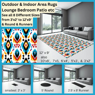 Aqua Blue Red Gold Yellow  Ikat Style Area Rug
