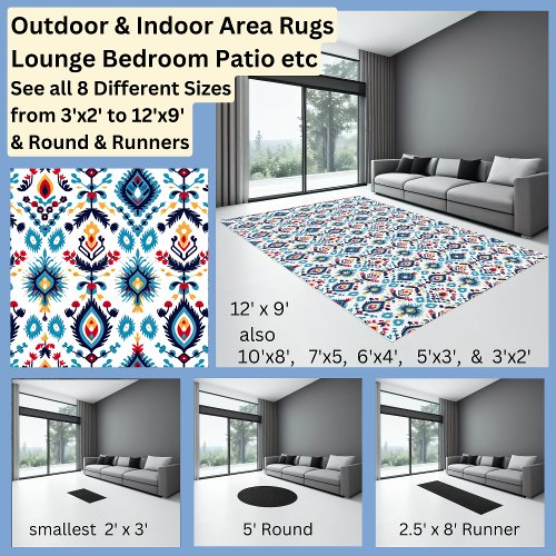 Aqua Blue Red Gold Yellow  Ikat Style Area Rug