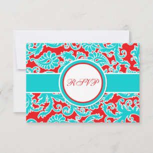 Aqua Blue, Red, White Damask RSVP Card
